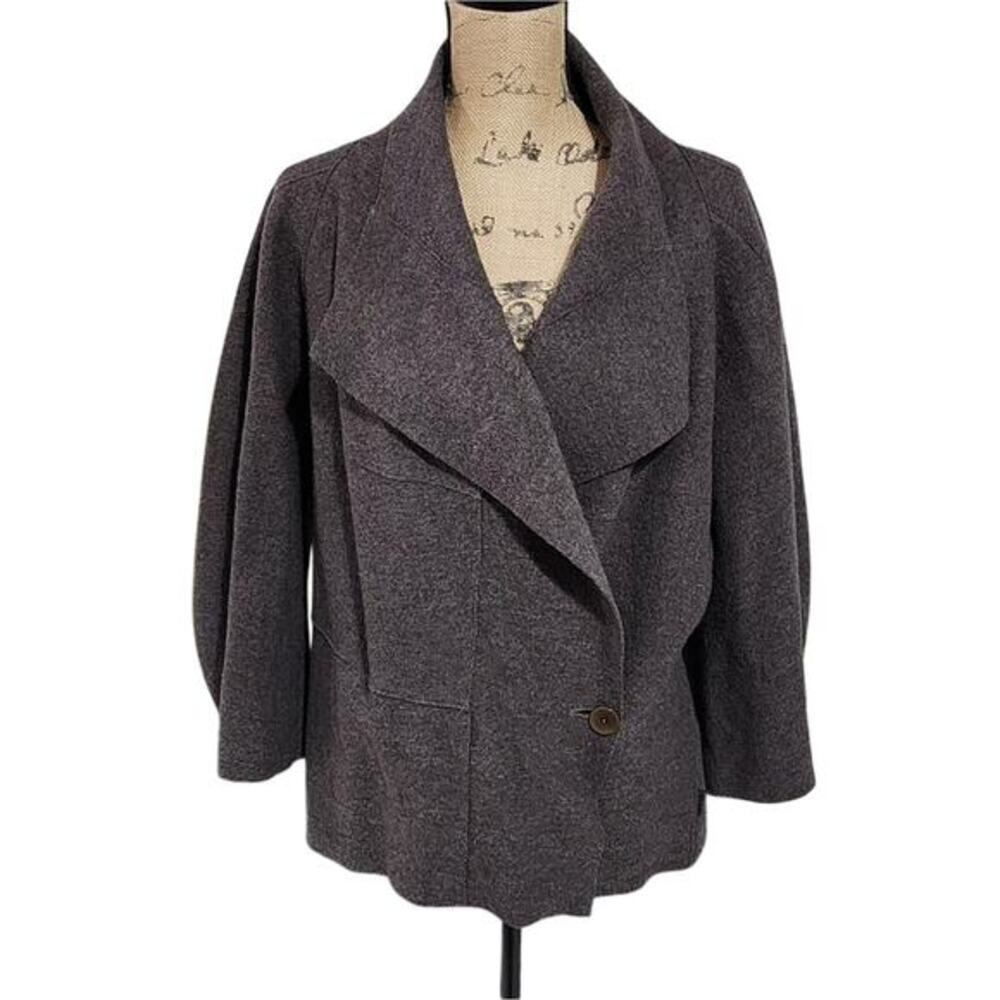 OSKA 100% Virgin Wool Charcoal Gray Shawl Collar Wrap Jacket Coat Lagenlook XL